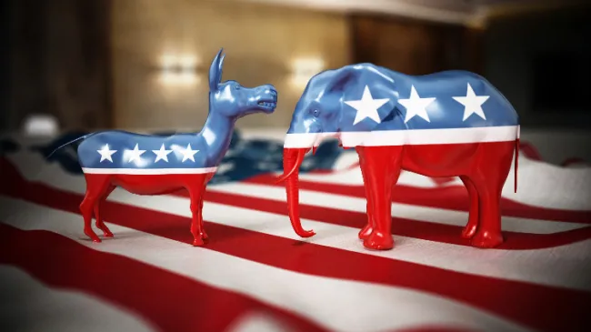elephant and donkey on american flag
